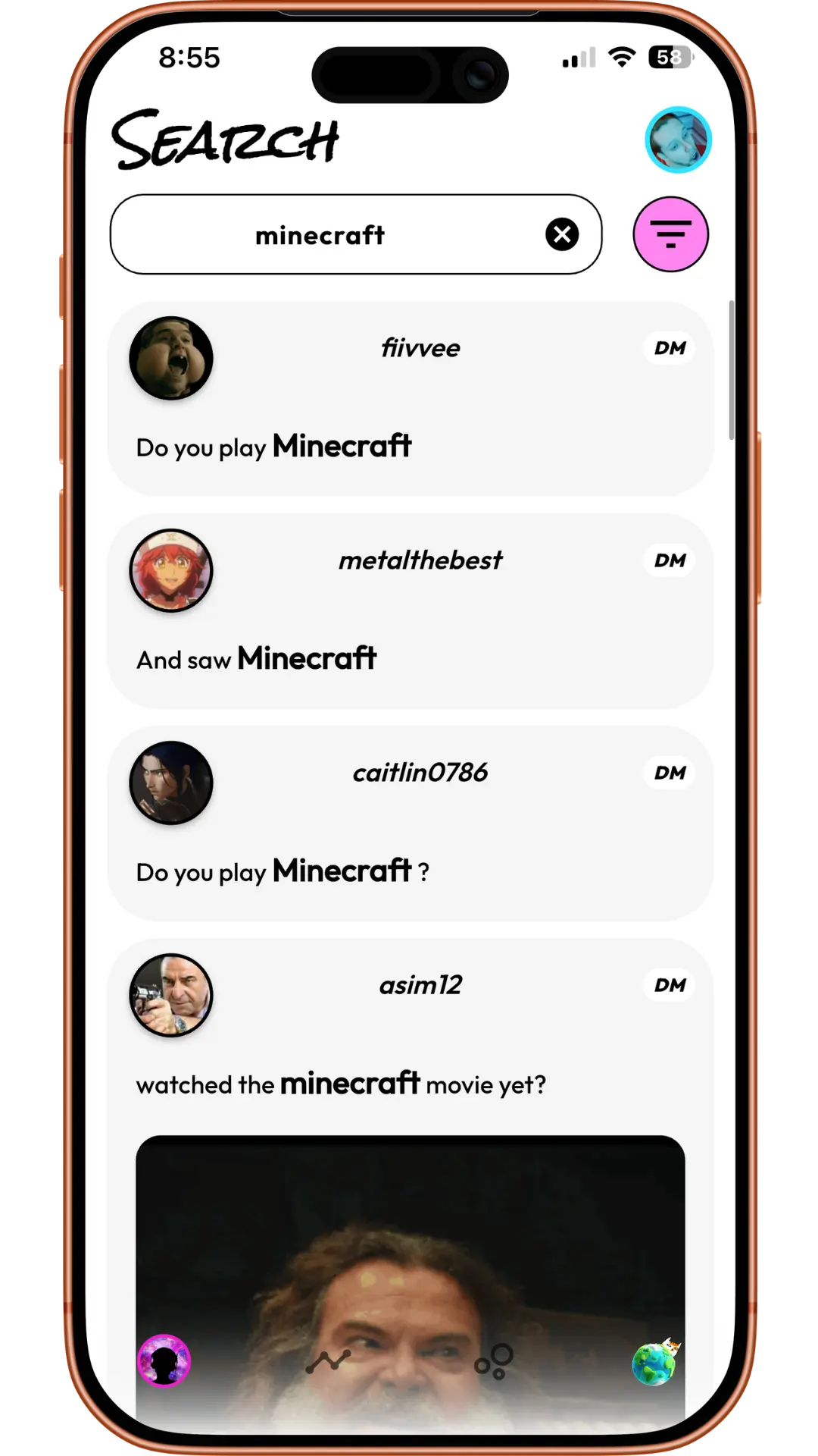 Friendcord search results for the word Minecraft