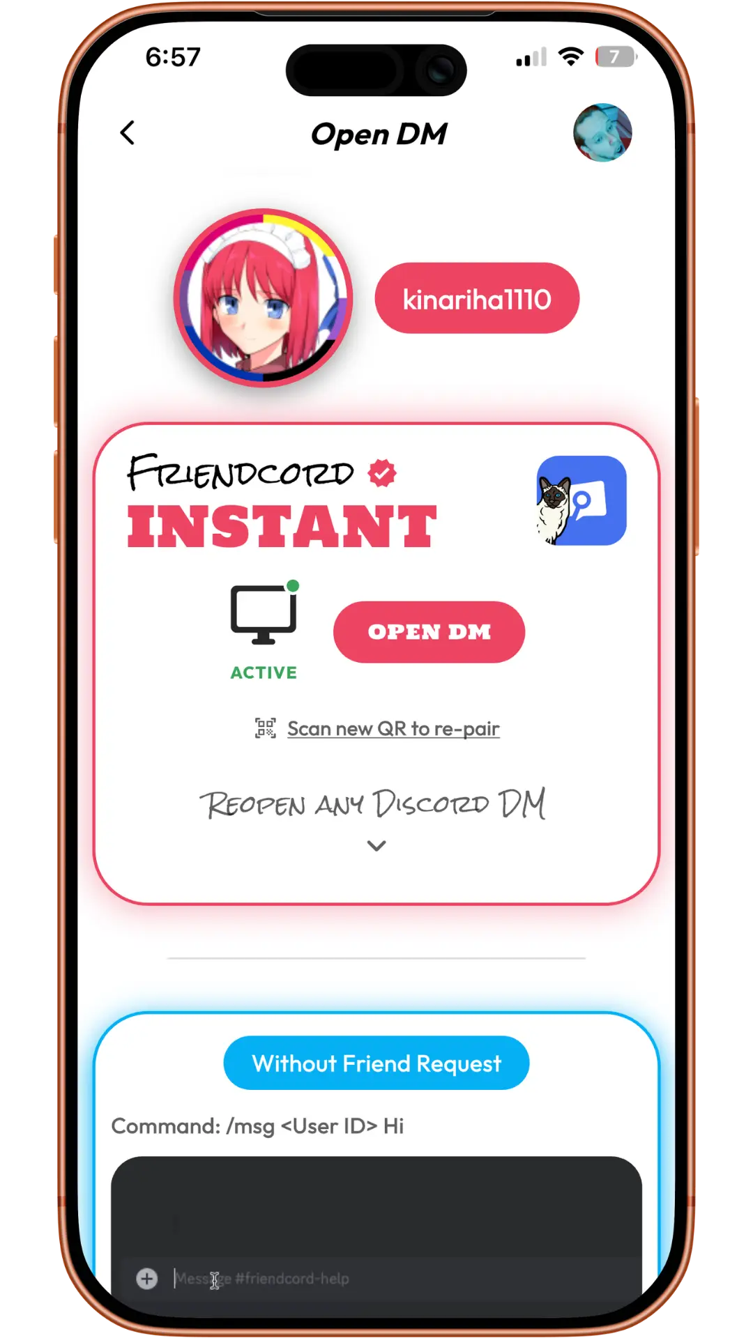 Friendcord’s Open DM screen with the Instant Open DM button
